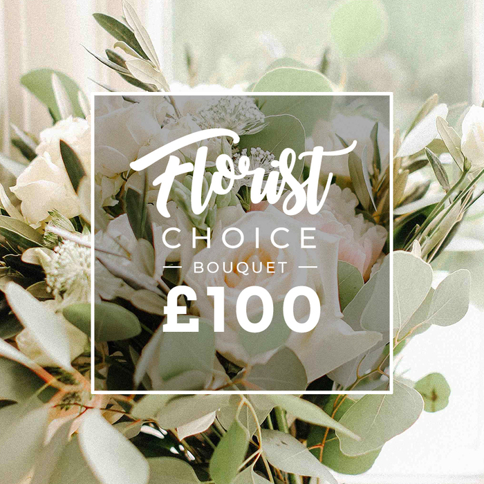 An elegant, square-topped arrangement, this Florist Choice Bouquet is a study in refined simplicity. The palette stays true to soft white and ivory with pale blush highlights, while an exuberant cushion of green foliage grounds the blooms. The blooms are likely classic white roses or peonies, their full petals catching the light in a soft sheen. Surrounding them, rounded eucalyptus leaves and slender olive branches provide structure and depth, lending a timeless, garden-fresh feel. A centrally placed white square overlay carries the brand's typography: 'Florist' in a sweeping script at the top, 'CHOICE' in bold caps, and 'BOUQUET' beneath with subtle lines to frame it. The price ?100 sits large and clear at the bottom, ensuring instant readability even as the bouquet remains the main star. The background fades to a gentle blur, hinting at a bright day, and the entire image reads as a premium product shot for a high-end florist catalogue. This is the kind of bouquet you'd gift for anniversaries or a special occasion, a tasteful gesture that says you care. In Stanmore, Flowers Stanmore offers this curated option for delivery across the area, a reliable choice for same-day or next-day service to homes near Stanmore Hill, High Street, or Stanmore Common.