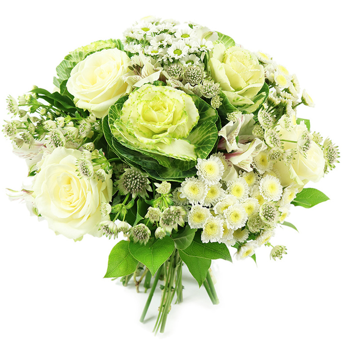 A sophisticated bouquet of white, cream, and rich green tones is displayed against a pure white background, highlighting its sculpted, hand-tied form. The focal point is a cluster of fully opened white roses, their creamy petals tightly layered in the centre and softening as they curl outwards, suggesting both tenderness and timeless elegance. Interspersed among them are ornamental kale or flowering cabbages, easily recognised by their robust rings of green leaves that gradually transition to delicately ruffled hearts in pale lime and yellow-green, adding structure and a modern botanical twist. Around these statement blooms, small white chrysanthemum sprays and daisy-like flowers appear in loose clusters, each blossom featuring a clear yellow or soft green centre that adds brightness and a sense of cheerful detail. Slim stems of star-shaped filler flowers, similar to greenish-white astrantia, float through the bouquet, their intricate heads creating a gentle, untamed texture that feels reminiscent of the natural planting found in the gardens of Stanmore's quiet residential streets. Subtle touches of white alstroemeria, with their slender petals and fine feathered markings, peek through the foliage, adding extra depth and visual interest. The flowers are embraced by an array of fresh greenery in multiple shapes and shades, from broad, glossy leaves to smaller, more delicate fronds, which frame the blooms and complete the rounded silhouette. The stems gather neatly at the base, tied securely to form a classic hand-tied design that could be placed straight into a vase in a Stanmore living room or arrive as a polished gift via local flower delivery. Calm, clean, and graceful, this bouquet is perfectly suited to weddings, anniversaries, housewarmings, or sending a softly spoken message of sympathy.