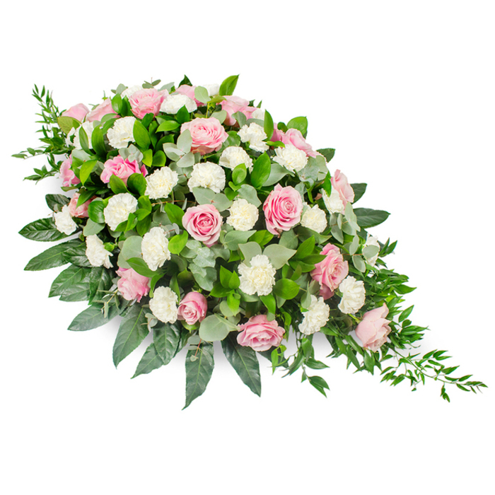This substantial funeral spray, photographed against a pure white background, presents a classic teardrop or casket-spray silhouette, flowing gently from a lush, rounded head to a fine, tapering tip. At its heart are numerous pink roses, their petals unfolding in layered spirals that create a feeling of softness and devotion. Some blooms are still slightly cupped, suggesting newness and hope, while others are fully open, revealing the intricate structure at their centres. Interspersed among the roses are white carnations and spray carnations, their many, finely ruffled petals adding a light, billowing texture that contrasts beautifully with the smooth rose petals. The colour palette is delicate and calming-pastel pinks and creamy whites that feel appropriate for both a funeral and a celebration of a life well lived. All of this rests on a thoughtful base of greenery: broad, dark green leaves form a sturdy frame around the flowers, while rounded sprigs of silvery-green eucalyptus tuck into the gaps, adding dimension and a gentle, refreshing scent. From the narrow, right-hand end, slender strands of darker green trailing foliage extend, creating a natural, cascading effect that draws the eye along the shape of the spray. The piece is densely packed yet carefully balanced, with no element overwhelming another. It is easy to imagine this tribute resting on a casket during a service in Stanmore or placed as a central memorial arrangement in a quiet room of reflection. The combination of colour, form, and texture expresses both sorrow and gratitude, providing a peaceful floral focus for family and friends as they say goodbye.