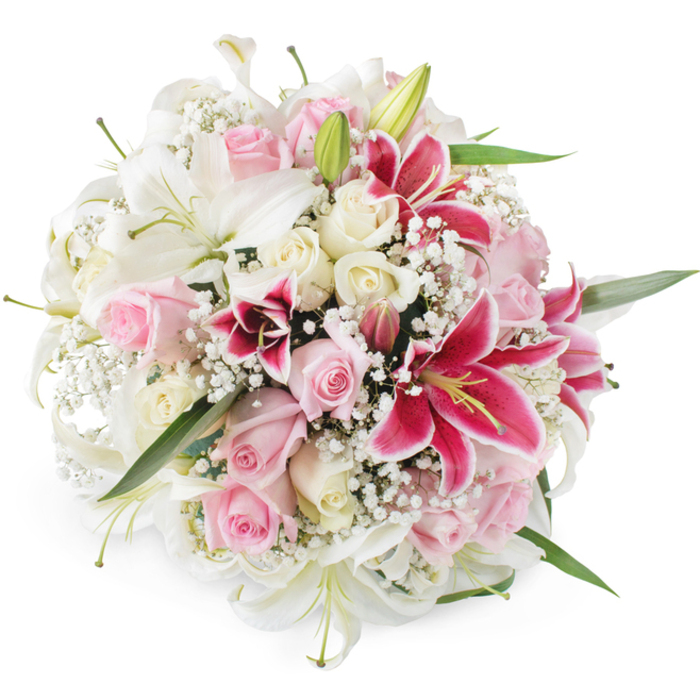 This image shows a beautifully rounded bouquet of lilies and roses set against a pure white background, capturing the kind of polished yet heartfelt design that is often delivered to homes and venues across Stanmore. Central to the arrangement are several large, pristine white lilies, each bloom opening wide into a trumpet shape, with satin-smooth petals that curve back gracefully from pale green and yellow centres. Some of the lilies are still in bud, tightly sheathed in fresh green, promising continued blossoming. Between and around them lie clusters of roses in gentle blush pink and creamy ivory; some are compact, closed buds, others are gorgeously open, revealing layers of soft, velvety petals that convey a sense of classic romance. Punctuating the softer palette, dramatic Oriental lilies in vibrant fuchsia and deep magenta stand out, their petals flecked with darker speckles and crowned with bright yellow-gold anthers, creating lively focal points throughout the bouquet. Fine sprays of white baby's breath thread through the arrangement, their countless tiny blossoms forming a gauzy, cloud-like texture that diffuses and softens the strong shapes of the lilies and roses. Threads of green foliage peek from beneath the blossoms, their slender leaves adding subtle contrast and echoing the calm greenery around Stanmore Hill and local gardens. The bouquet is shown under bright, even lighting, which accentuates every petal, bud, and sprig, giving the flowers a dewy, just-arranged appearance. The overall effect is both luxurious and tender, making this image well suited to illustrate floral gifts for weddings, anniversaries, or heartfelt congratulations delivered around Stanmore and the wider HA7 area.