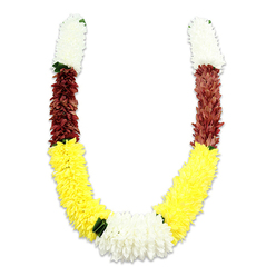 Drifting in soft studio light against a stark white field, this U-shaped ceremonial mala reads as a study in colour, texture and intention. The garland is constructed from densely packed artificial blooms - thousands of fabric petals arranged to simulate natural chrysanthemum and marigold forms - producing a plush, tactile surface that would feel substantial if cupped in the hands. Each symmetrical arm begins with a compact cylinder of pure white flowers, their delicate, fan-like petals suggesting calm and purity; small dark-green accents mark the very tips, offering a quiet, leaflike punctuation. Below these tranquil caps the palette deepens to a maroon or rust-red band, its closely set petals introducing an earthy, reverent tone that visually anchors the piece. The design then opens into long, buoyant stretches of bright yellow - cheerful, sun-facing clusters that dominate the garland's lower sweep and evoke the warmth of festival mornings. At the curve's lowest point the two yellow strands culminate in a widened cluster of clean white blossoms, denser than the upper whites and serving as the composition's emotive centre. The lighting highlights the fabric's subtle sheen and the gentle shadow beneath, revealing meticulous assembly and a lifelike density. Suitable for Hindu puja, temple offerings, weddings or celebrations such as Diwali and Holi, the garland balances symbolism - purity, prosperity, devotion - with artisan durability for repeated ceremonial wear or display around Stanmore and nearby Harrow communities.