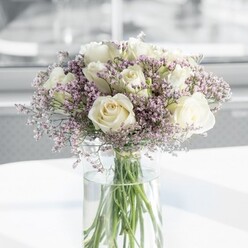 A graceful bouquet of creamy white roses and lilac-tinged statice stands confidently in the centre of the frame, its rounded form giving the impression of a carefully composed dome of petals and texture. Around twelve white roses, each bloom slightly open, reveal layered, velvety petals that move from warm ivory in the centre to soft cream at the edges, suggesting both purity and gentle warmth. Woven generously among them, tiny lavender-purple statice flowers create a fine, airy lattice, their countless small blossoms forming a cloud-like surround that lightens the composition. The arrangement rests in a tall, clear glass cylinder vase, where the straight green stems are gathered neatly, crossing slightly in the crystal-clear water and adding a fresh, garden-like feel. The vase sits on a smooth white tabletop, reflective enough to echo the vase's clean lines and hint at the bouquet's rounded silhouette. Behind it, the background is softly blurred, hinting at an indoor room in Stanmore with daylight pouring in from a nearby window, perhaps overlooking Bentley Priory Nature Reserve or a quiet residential street. The natural light is bright but diffused, caressing the petals without glare and creating a sense of calm openness, as if the flowers are breathing with the room. This bouquet could easily be imagined on a breakfast table for an understated wedding morning, on a sideboard as an anniversary gift delivered across Stanmore, or bringing a note of quiet respect to a condolence visit. Everything about the arrangement speaks of thoughtful craftsmanship and restrained elegance, where every rose and each tiny sprig of statice serves a purpose in the overall harmony.