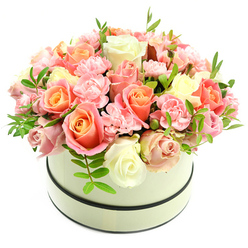 A richly textured, hand-assembled bouquet sits overflowing from a round, cream hatbox with a soft matte finish and two narrow dark bands that echo the neat lines of nearby Stanmore High Street shopfronts. The design is a tightly packed, domed cluster of freshly cut roses and carnations, arranged to showcase a harmonious gradient of colour: coral-peach and apricot tones warm the centres of many roses, these smoothly graduating to blush pink and creamy ivory on outer petals, while other roses hover between bud and full bloom to give the display lively depth. Scattered among the larger roses are plentiful light-pink carnations, their frilly edges creating a plush, cloud-like texture that contrasts beautifully with the velvety rose petals. Slender sprigs of vivid green foliage with small, elongated leaves weave through the flowers, providing lively contrast and visual breathing space. Gentle, natural lighting-like that of a quiet morning near Canons Park-accentuates petal translucence and the careful placement of each stem, making the composition read as fresh and intentional. The overall impression is elegant yet tender: a bouquet that speaks of affection, congratulations, or a thoughtful surprise. Freshness is evident in the upright stems and unblemished petals, and the scent is lightly sweet with a green lift. Arranged by local florists familiar with Stanmore's understated charm, this hatbox of roses and carnations is a refined choice for birthdays, anniversaries, Mother's Day, or to send comforting, joyful wishes to someone special.