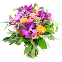 Set against a clean white background, this opulent bouquet appears almost to glow, a considered composition of premium blooms that would not look out of place at a celebration in Stanmore's grander homes. At its heart lie several Vanda orchids in rich fuchsia-purple, their wide petals marked with a distinctive, net-like speckling that gives each flower an intricate, luxurious character. These are framed by clusters of bright orange roses, their petals densely layered in tight spirals that radiate warmth and cheerful optimism. Soft pastel pink roses wander through this vivid pairing, shifting from tightly furled buds to half-open, gently cupped blossoms that bring a whisper of romance to the arrangement.   

Rising above and between the main flowers, elongated calla lilies in shades of plum, mauve, and dusky pink introduce a tall, sculptural element. Their smooth, trumpet-shaped blooms curve with quiet grace, echoing the elegant, sweeping lines of the nearby Bentley Priory grounds. Finer details appear in clusters of lavender and lilac filler flowers, which weave in and out of the larger blooms, adding lightness, texture, and a sense of delicate movement. Surrounding everything, a generous halo of greenery combines silvery eucalyptus with darker, richer foliage, giving the bouquet volume and a fresh, garden-like feel familiar to anyone strolling along Warren Lane.   

The stems, clearly gathered and tied at the base, reveal the bouquet's hand-crafted nature and the care taken in balancing each stem. Lush, rounded, and full, this arrangement suggests celebrations and heartfelt thanks, suitable for marking a milestone birthday, dressing a table for a family gathering near Stanmore station, or sending a refined thinking of you to a friend recovering at home, carried in with the soft rustle of leaves and subtle fragrance of roses and eucalyptus.