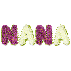 This dignified floral tribute presents the word NANA in large, sculpted letters against a bright white backdrop, a piece that reads clearly across a chapel aisle or funeral parlour. The two N letters are densely packed with deep purple-magenta chrysanthemums, each tiny bloom topped with a contrasting yellow disk that adds gentle points of warmth across the surface. The two A letters are composed of compact, creamy-white chrysanthemums whose soft, even faces provide a soothing contrast to the saturated purples. A bright lime-green edging-pleated satin ribbon or closely gathered greenery-encircles each letter in a slightly undulating border, offering a natural, hopeful outline that draws the eye. The overall effect balances bold readability with delicate floral texture: from several metres the name is an emphatic, comforting presence; close up the clustered petals create a tactile, cushion-like landscape. Soft, natural light accentuates the petals' subtle sheen and deepens the purples while keeping the whites luminous and clean. The scent is faintly herbaceous and sweet, a quiet companion to whispered memories. Produced with careful wiring and floral foam support, the letters hold shape for the duration of services and are often chosen by families in Stanmore and nearby Wealdstone when honouring a beloved grandmother at a funeral, memorial, or celebration of life. Available for thoughtful, local delivery around the Stanmore Broadway area, the design conveys love, respect, and the comfort of well-chosen flowers.