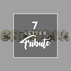This image portrays a heartfelt funeral tribute set against a smooth, medium-grey background that enhances the calm, reflective mood often felt in Stanmore's quiet residential streets. In the middle of the scene is a dark grey square, edged delicately in white so it stands out like an elegant title card. Inside, bright white lettering spells out "7 LETTER Tribute": the number "7" is large and commanding, "LETTER" is placed below in smaller, precise sans-serif capitals, and the word "Tribute" follows in a gently sweeping script that softens the formality. Behind this central square, and partially hidden by its edges, stretches a floral name arrangement spelling "GRANDMA". Each of the seven letters is constructed from a dense bed of white chrysanthemums or similar compact blooms, their tightly layered petals giving a plush, comforting texture. The white flowers form the main body of every character, while accents of deep purple blossoms and glossy green foliage are woven along the contours, adding grace and depth without overwhelming the purity of the white. You can see the sweeping curve of the "G" on the left, and fleeting glimpses of "R", "A", "N", "D", "M", and the closing "A" as the tribute continues off to the right. The design is serene and lovingly detailed, as if prepared by a local florist in Stanmore for a funeral service at a nearby church, synagogue, or crematorium. It suggests a specialist offering where families can request a seven-letter name tribute for a cherished grandmother, expressing affection and gratitude through carefully chosen flowers.