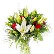 This studio photograph shows an elegant, tall bouquet resting in a simple cylindrical clear glass vase, its crisp green stems visible through fresh water against a bright white backdrop. At the visual centre sits a single, fully open creamy-white Oriental lily, its smooth, sculptural petals curling outward to reveal pale yellow stamens and a soft, light-green pistil that anchors the composition. Around that central bloom, a constellation of tightly closed and just-parting lily buds in lime green and soft buttery yellow suggests unfolding life and a patient, quiet energy. Scattered through the mass of blooms are several small, velvety red rosebuds and early-stage roses whose deep crimson petals remain largely curled, offering rich notes of passion and classic romance that play beautifully against the lilies' purity. The flowers are set into abundant, layered greenery: broad, dark forest-green leaves provide solidity and contrast; long, feathery palm-like fronds in a brighter emerald sweep outward to create movement and gentle drama; and rounded, silvery-green eucalyptus sprigs add a soft, cooling texture and a muted tonal counterpoint. The studio light is even and bright, lifting the creamy whites and making the reds glow while casting delicate, soft shadows that emphasise texture. The overall impression is fresh, refined and thoughtfully balanced, a composition that reads as both celebratory and sincere. As a florist describing this in Stanmore, I would note the scent as a mix of powdery lily sweetness and the richer hint of rose-an arrangement suitable as a romantic gift, an anniversary centrepiece, or to mark a joyful celebration with understated elegance.