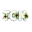 A serene funeral tribute spelling the name TOM in three-dimensional letters, each formed from densely packed, pillowy white chrysanthemums whose tiny petals create a plush, cloud-like surface. The letters sit against a clean white backdrop so every curve and shadow is clear; a narrow royal blue ribbon traces the crisp edges of each character, cutting a dignified, almost nautical line that defines the shape and lifts the whites into relief. Soft sprays nestle into the lower and central areas of each letter: a single deep, velvety red rose anchors each spray, its petals absorbing light like a quiet heart, while clusters of creamy ivory spray roses and delicate buds fold gently around it. Slender fern fronds and glossy green foliage weave through the accents, adding a cool, textured contrast and a faint, verdant scent that offsets the floral sweetness. A subtle dark green metal support is visible beneath the base, a practical skeleton that keeps the letters upright and composed for display at a service. In soft morning light the chrysanthemums read as tender and consoling, the blue ribbon as composed and steady, and the red roses as tender declarations of love and remembrance. The overall mood is respectful and intimate - handcrafted by an experienced florist to convey solace, dignity and the quiet warmth of memory - an arrangement suited to a funeral or memorial where friends and family gather to honour a life with a personalised, heartfelt floral message.