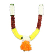 A handcrafted, U-shaped decorative garland photographed against a clean white backdrop, carefully composed of densely threaded artificial blooms that read like a traditional Indian toran. At the top of each short, upright arm sits a compact column of soft, creamy-white florets - their tiny clustered petals suggesting miniature chrysanthemums or carnation heads - finished with a discreet hint of dark green at the very apex. Beneath those pale caps, each arm shifts into a rich, reddish-brown band; these elements appear layered and slightly flattened, as if mimicking dried petals or mahogany-tinged leaflets, their texture offering visual weight and a grounding, earthy counterpoint to the lighter tones. The arms curve downward into a broad sweep of bright, golden-yellow blossoms, densely packed and plush, unmistakably evoking marigolds (genda phool) with their cheerful, sunlit presence. At the lowest central point, where the two yellow bands meet, a voluminous pendant hangs - a lavish cluster of ruffled orange petals that forms the focal pom-pom, its multi-layered shape catching the eye much like a celebratory marigold cluster. Small bursts of bright green at the transitions read as leafy accents, giving rhythm to the colour blocks and hinting at foliage between the blooms. Under soft studio lighting the artificial fibres pick up gentle highlights, suggesting silkiness to the touch though the piece remains admirably durable. This garland carries the warm, auspicious tone of festival and welcome - suitable for a puja, a doorway at Diwali or Ganesh Chaturthi, or as reusable wedding decor - and would sit equally well above an entrance on Stanmore High Street or above a home altar in a Stanmore household.