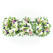 A tender and traditional DAD floral tribute fills this image, the three capital letters lying side by side in a straight horizontal line against a stark white background that throws their colours and textures into sharp relief. The letters are densely packed with pristine white chrysanthemums, giving them a solid, almost sculpted appearance. Their layered petals provide a soft, comforting texture, while white gerbera daisies and delicate lisianthus peep through, adding variation and gentle visual rhythm. Small white spray roses are tucked in here and there, their rounded buds and opening blooms symbolising both remembrance and the continuation of family lines. Surrounding the letters, an outline of lush green foliage clearly defines each shape. Feathery fern fronds curve gracefully along the edges, supported by other glossy green leaves, and bright green button chrysanthemums or berry-like clusters add tiny bursts of vivid colour that keep the design feeling alive and fresh. Within the white expanse of each letter, modest but meaningful accents of colour appear: deep violet and purple flowers, similar to pansies or spray chrysanthemums, bring a sense of quiet strength and formality, while softer lavender and mauve carnations or roses lend a more intimate, comforting tone. The lighting is bright and even, with no distractions, much like the calm, ordered setting of a Stanmore chapel or crematorium chapel of rest. This DAD floral letter arrangement is the kind of piece a family in Stanmore might place at the head of a coffin or on a stand near the altar, offering a heartfelt, visually striking declaration of love, respect, and farewell for a much-missed father.