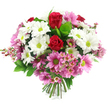 A rounded, hand-tied bouquet is shown against a bright white background, its colours and textures standing out as clearly as if you were holding it in a Stanmore living room filled with morning light. Two prominent red roses sit proudly at the centre, their petals richly layered and tightly curled, embodying love, romance, and a sense of occasion. Around them, clusters of white daisy-like chrysanthemums open wide, each bloom crisp and clean, with striking lime-green centres that give the bouquet a fresh, modern edge. Threaded through these are plenty of daisy-style flowers in soft and medium pink tones, all sharing the same vibrant green centres so the palette feels harmonious and thoughtfully curated. Fine sprays of pale pink waxflower, with their tiny, starry blossoms and slim stems, add a delicate, almost airy veil over parts of the design, especially near the lower edges where they soften the outline. Rich green foliage, from broad, glossy leaves to smaller bright green shoots, nestles between the blooms, emphasizing their colours and suggesting recent, careful conditioning by an experienced local florist. The visible stems at the bottom are neatly gathered and evenly cut, confirming this as a professional hand-tied arrangement ready for a favourite vase on a table near Stanmore Station. The lighting is soft and even, allowing every hue-deep red, clean white, gentle pink, and vivid green-to read clearly. The overall impression is warm and uplifting, perfect for anniversaries, Mother's Day surprises, or a simple thinking of you delivered across Stanmore.