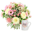 A charming gift set designed to celebrate a special mother is presented against a clean white background, as if it has just been carefully arranged for delivery to a Stanmore home. On the left side of the image, a lush, rounded bouquet forms a soft dome of colour, its stems neatly bundled and clearly visible at the bottom. The palette centres on creamy whites and pinks, offering a calm yet joyful mood. Plump cream roses sit prominently at the centre, their petals fully opened into classic spiral rosettes that convey softness and devotion. Surrounding these focal blooms, pale pink and deeper pink flowers intermingle: ruffled carnations, delicate spray roses, and bright pink gerbera daisies with striking dark brown centres, each daisy head facing slightly different directions to create a natural, garden-like feel. White alstroemeria, with their fine, elongated petals and subtle reddish markings, weave gracefully through the mix, adding a touch of refinement. Wisps of cloud-like white baby's breath, or gypsophila, are scattered throughout the bouquet, filling spaces between the larger flowers and giving the whole design a light, airy quality, like early morning mist over the open spaces near Bentley Priory. Soft green foliage peeks out here and there, grounding the pastel tones with freshness. To the lower right of the bouquet stands a pristine white ceramic mug. Its front showcases a pale pink heart motif with bold black lettering spelling MOM, and just beneath, the word BEST in a smaller black font, forming the loving message BEST MOM. The mug's smooth handle and clean lines mirror the tidy composition of the flowers. The overall effect is one of warmth and gratitude, a ready-to-gift combination that feels perfect for Mother's Day, birthdays, or any occasion when families in Stanmore want to send a heartfelt thank you to an extraordinary mum.