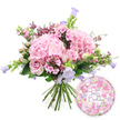 A lush birthday bouquet in soft pink and lilac tones is presented against a bright white background, making every detail of the flowers stand out clearly. At its core, large hydrangea blooms in light blush pink form full, rounded clusters, their many small petals giving the arrangement a rich, velvety texture. These are complemented by classic soft pink roses, some fully open with beautifully layered spirals of petals, others still in bud, ready to unfurl and add new life to the bouquet over the coming days. Threaded throughout the design, tiny clusters of fuchsia or magenta waxflowers, or a similar small filler flower, introduce fine texture and moments of deeper colour, reminiscent of the delicate flowers that brighten the edges of gardens around Stanmore. Rising through the pinks, slender stems of campanula display bell-shaped blooms in lavender and periwinkle, adding cool, vertical accents that give the bouquet a sense of movement and lightness. Around the blooms, a variety of lush green foliage frames the arrangement: broader leaves provide a solid backdrop, while slimmer, arching stems soften the overall silhouette and enhance the freshly gathered feel. The stems are gathered neatly at the base, in the recognisable hand-tied style that can be placed straight into a vase upon delivery in Stanmore. Completing the celebratory scene, a shiny round foil balloon sits to the lower right of the flowers. Its surface is patterned with tiny roses and buds in pink, lilac, and cream, echoing the colours of the bouquet, and across its centre, the words Happy Birthday are written in stylish purple script. Together, the bouquet and balloon create a warm, thoughtful birthday gift, ideal for bringing joy to someone's special day in Stanmore.