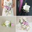 This four-panel collage presents an elegantly coordinated wedding flower collection, the kind you might see at a chic Stanmore hotel reception or a ceremony near Bentley Priory. Each panel reveals a different but harmoniously linked design, all built around white phalaenopsis orchids, blush and pink garden roses, lavender tones, and airy touches of baby's breath. In the top-left panel, only the upper body of the bride is shown, dressed in a strapless white gown, her hands gently holding a generous cascading bouquet. The bouquet pours downwards in soft layers of open white orchids, pale pink roses, mauve blossoms, and loose trails of greenery, giving a sense of movement and softness, as though caught mid-step down the aisle.
The top-right panel zooms in on the groom's lapel, drawing attention to a single white orchid boutonniere fixed neatly to a deep grey suit jacket. Small lavender filler flowers peek out around the orchid, and a slim purple ribbon secures the stem, its hue echoing the magenta tie that sits just beneath the lapel. The contrast between the dark fabric and the luminous white bloom makes the boutonniere feel like a small, deliberate jewel of colour and texture.
In the bottom-left panel, another boutonniere is carefully laid on a piece of textured, light beige fabric. This one features a fresh white orchid bud, tiny sprigs of baby's breath, and a touch of greenery, tied with a vivid pink ribbon. It has a slightly more playful feel, well-suited for groomsmen or a stylish civil ceremony in and around Stanmore.
The bottom-right panel completes the story with a lush cascading arrangement displayed in a decorative white woven vase. White orchids drape over the vessel, mingling with layers of pink and lavender roses and specks of purple filler flowers and baby's breath. Three white woven spheres of varying sizes sit nearby on a pristine white surface, echoing the vase's texture and lending a sculptural, contemporary note. Together, the four images convey the sense of a fully coordinated wedding flower scheme, each piece designed to mirror the others in colour, form, and romantic, softly lit atmosphere.