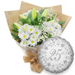 A refined silver anniversary gift is captured here, the composition simple yet full of meaning, as if prepared by Flowers Stanmore for delivery to a home near Canons Corner. On the left, a generous bouquet of white blooms is hand-tied with care. The main flowers are white daisy chrysanthemums, each one presenting a tidy ring of petals surrounding a warm yellow centre that brings a touch of sunshine to the arrangement. Rising gracefully above and among the daisies are slender white lily buds, their smooth outer petals closed and gently tinged with pale green, promising elegant blossoms still to come. Scattered delicately throughout are sprigs of white baby's breath, their clusters of minute flowers providing a soft, airy texture that seems to float above the larger blooms. Deep green leaves, polished and slightly curved, frame the bouquet and create a rich contrast against the white petals, as though the flowers have been gathered from a well-tended Stanmore garden. The stems are wrapped first in clear cellophane that subtly reflects the light and keeps the flowers secure, then in rustic brown kraft paper folded carefully into neat layers. The base is cinched and tied, indicating that the bouquet is ready for gifting or to be carried to an anniversary dinner. Resting to the lower right is a round silver foil balloon, its metallic surface showing gentle ripples where it catches the light. At its centre, the inscription 25th appears in a graceful script, encircled by decorative scrolls and refined floral motifs in deeper silver tones. In the background, the words Happy Anniversary repeat faintly, reinforcing the milestone message. Together, the bouquet and balloon create a serene, timeless tribute to a 25-year love story in Stanmore.