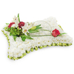 A tender, pillow-shaped floral tribute sits against a clean white backdrop, its rectangular form entirely covered in a dense carpet of small, pristine white chrysanthemums that create a soft, cloud-like texture inviting the eye and suggesting comfort. A pleated border of pale lime-green satin ribbon frames the cushion like a gentle frill, catching soft studio light with a satin sheen that adds a refined, understated colour note. On the upper left of the pillow a naturalistic cluster provides the emotional focus: two open white Oriental lilies display their yellow stamens with quiet dignity beside an elegant closed lily bud, while deep burgundy spray carnations tuck closely among them to bring warmth and contrasting depth. Varied green foliage - feathery fern fronds, broad glossy leaves and sprigs of salal - fans behind the blooms to give the cluster weight and a living backdrop. From that left grouping a slender, arching loop of bright green leaf or decorative wire sweeps toward the right, a graceful line that guides the eye across the white surface and culminates in a single, deep red rosebud resting gently on the pillow's right side, its velvety petals just beginning to unfurl as a symbol of enduring love and respect. The overall palette of white, soft green and rich red reads as purity, peace and heartfelt remembrance, and the arrangement's tidy craftsmanship and comforting silhouette make it an appropriate choice for a funeral, memorial or wake. As a local Stanmore florist might say, this is a quiet, respectful tribute designed to bring solace to grieving families and sit gracefully among funeral service flowers.