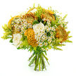 Presented upright against a bright white background, this hand-tied bouquet captures the feeling of a crisp autumn afternoon in Stanmore, when the air is cool but sunlight still lingers. The flowers are arranged in a rounded dome, tightly gathered and full of life. At the heart are generous chrysanthemums in golden yellow, deep orange, and warm rust tones, their petals spiky and layered, creating a wealth of texture and a sense of comforting richness. These blooms give the design its warm, harvest-inspired character, like the glow of late sun over nearby woodlands.
Interwoven with the chrysanthemums are smooth, creamy white roses, their petals curling delicately inward to form soft, classic spirals. They add a touch of elegance and bring a gentle calm to the stronger colours. Among them, golden-yellow celosia cockscomb stands out with its plush, rippled surface, reminiscent of coral or folded velvet. This distinctive flower introduces an artistic, slightly whimsical note, as if chosen to surprise and delight the recipient. Tiny white, daisy-like flowers with bright yellow centres-likely matricaria-are scattered throughout, lightening the composition and giving it a playful, garden-picked feel, much like flowers you might notice around local gardens by Stanmore station.
Encircling the blooms, feathery lime-green solidago and other fresh foliage add height, volume, and a vivid green contrast that makes the warm shades sing. The stems are neatly aligned and bound at the base with green florist's tape, emphasising the careful hand-tied craftsmanship. The overall impression is one of warmth, thoughtfulness, and quiet celebration-perfect for marking birthdays, sending get-well wishes, or bringing seasonal colour into homes across Stanmore with same-day delivery.