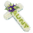 A graceful floral cross tribute is shown resting on a white background, its thoughtful design reflecting the quiet dignity of a Stanmore funeral or memorial service. The cross's entire surface is covered with tightly packed white chrysanthemums, creating a smooth, cushion-like texture that radiates purity, calm, and gentle respect. Around the outer edge, a narrow border of bright green ribbon or sleek foliage neatly frames the shape, giving it a defined, contemporary outline that remains clearly visible whether placed near the lectern, beside a casket, or at a graveside. At the point where the vertical and horizontal arms meet, a vivid focal cluster draws attention. Deep purple lisianthus blossoms, with soft, velvety petals and deeper centres, are tucked among small, lime green button chrysanthemums, whose rounded forms add a fresh burst of colour. Dark green fern fronds fan out subtly from behind, introducing texture and a natural, garden-like feel that echoes the greenery found in Stanmore's parks and open spaces. Running down the vertical arm of the cross, a narrow strip of lime green chrysanthemums is set into the field of white, and over this strip, delicate pale wires are draped and gently criss-crossed, adding an understated lattice detail that rewards a closer look. Crafted by Flowers Stanmore for local services, this floral cross combines symbolic Christian imagery with a harmonious palette of white, green, and purple, creating a tribute that speaks of faith, remembrance, and the comforting presence of loved ones gathered together.