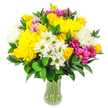 The image shows a joyful, full-bodied bouquet of mixed flowers arranged in a clear glass vase, positioned in front of a pure white background that lets each petal and leaf stand out clearly. The bouquet is dominated by bright yellow and white tones, with large yellow roses and plump yellow chrysanthemums forming a sunlit centre. Their petals, tightly layered and densely ruffled, create rich texture and visual depth. Around them, white chrysanthemums and daisy-like blooms with lime-green centres lend a fresh, clean look, evoking the lightness of a walk through the open spaces around Stanmore. Splashes of magenta and fuchsia chrysanthemums are scattered thoughtfully through the design, bringing vibrant contrast and a modern edge, while smaller, soft pink blossoms hide among the bigger heads, adding subtle warmth and tenderness. Deep green foliage, likely sturdy Ruscus, wraps around and through the flowers, its oval, glossy leaves giving the bouquet structure and a polished finish, much like a carefully tended garden bed along a quiet Stanmore side street. The glass vase has a gentle, curving profile and reveals the neatly cut stems submerged in water, hinting at a freshly made piece prepared for local delivery across Stanmore. The balanced lighting allows the yellows to glow, the whites to appear pristine, and the greens to look lush. Altogether, the arrangement sends a message of optimism and celebration-an ideal choice for marking a birthday, saying thank you, or brightening someone's day at home or work, with the relaxed elegance that suits the Stanmore community.