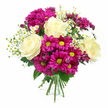 The photograph shows a sumptuous, hand-crafted bouquet set against a clear white background, as if freshly finished on a florist's bench in Stanmore. At its heart, several creamy white roses, tinged with a soft wash of pale yellow, are fully open and beautifully formed, each petal curling gently inward in a classic spiral. These roses bring a sense of calm refinement to the arrangement. Around them, vibrant fuchsia and magenta chrysanthemums explode with colour, their many slim petals framing yellow-green centres that shine brightly against the surrounding tones. This vivid mix captures the feel of a joyful celebration, like a family gathering in a Stanmore home. Threaded delicately through the bolder blooms are small, airy white daisies, similar to chamomile, each with a neat golden centre that adds a touch of countryside freshness and visual space between the larger flowers. Slightly darker, purple-pink chrysanthemum buds peek from within the bouquet, providing areas of shadow and a suggestion of blooms still waiting to unfurl. Deep green foliage cradles the flowers, with rose leaves and chrysanthemum greens creating texture and structure underneath the blossoms. At the bottom, the stems are gathered neatly and held by a charming green and white checked ribbon, giving the bouquet a hand-tied, artisanal feel rather than a formal, wired look. Soft, even lighting casts gentle shadows that accentuate the rounded shape and layered construction of the arrangement. The overall impression is of a joyful yet refined bouquet, ideal for delivery across Stanmore to mark birthdays, send a heartfelt thank you, or simply bring a splash of fresh, garden-inspired beauty indoors.